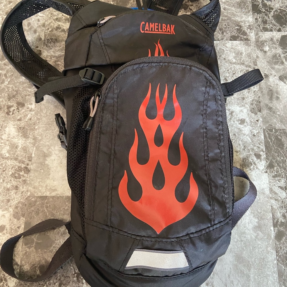 CamelBak Black and Red Backpack with Flame Design